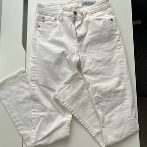 New AG white jeans in high-rise straight fit (style: The Mari).